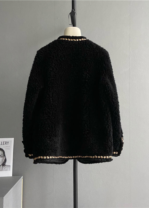 WW | Black V-Neck Pockets Patchwork Wool Coats Winter