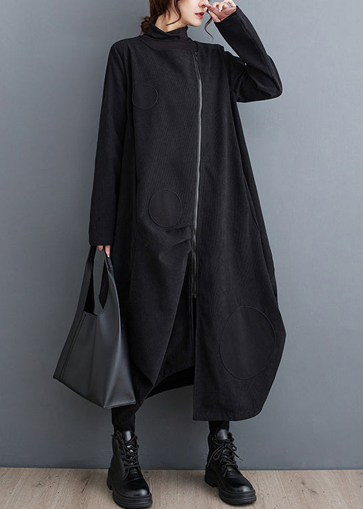 WW | Black Zip-Up Pockets Patchwork Cotton Long Coats