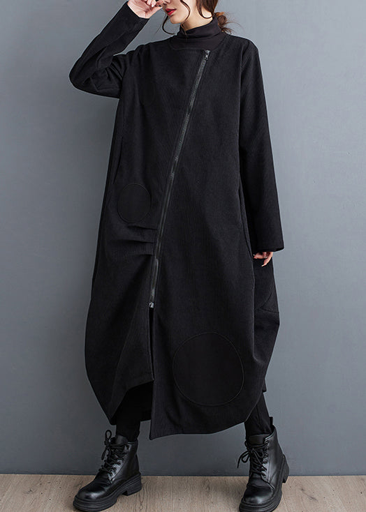 WW | Schwarze Zip-Up Taschen Patchwork Baumwoll Lange Mäntel