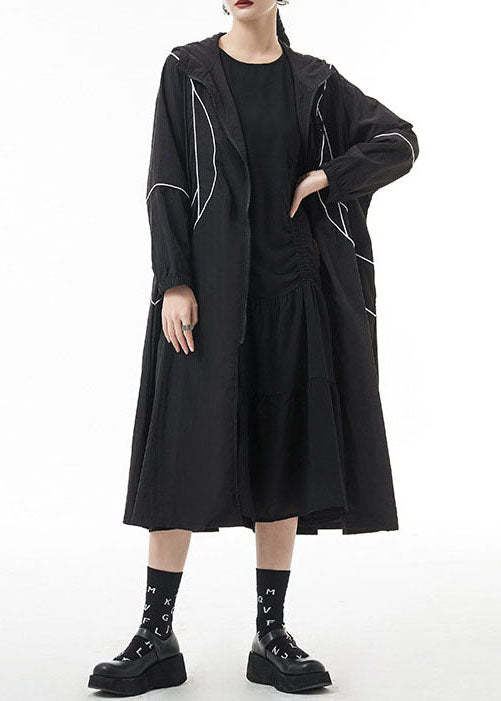 WW | Schwarze mit Reißverschluss und Kordelzug Kapuzen-Trenchcoats