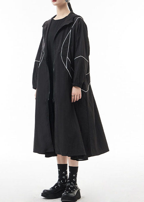 WW | Schwarze mit Reißverschluss und Kordelzug Kapuzen-Trenchcoats