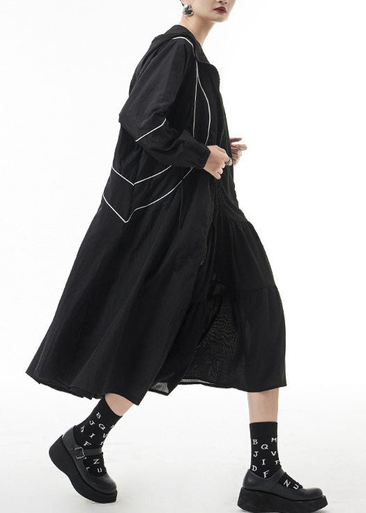 WW | Schwarze mit Reißverschluss und Kordelzug Kapuzen-Trenchcoats