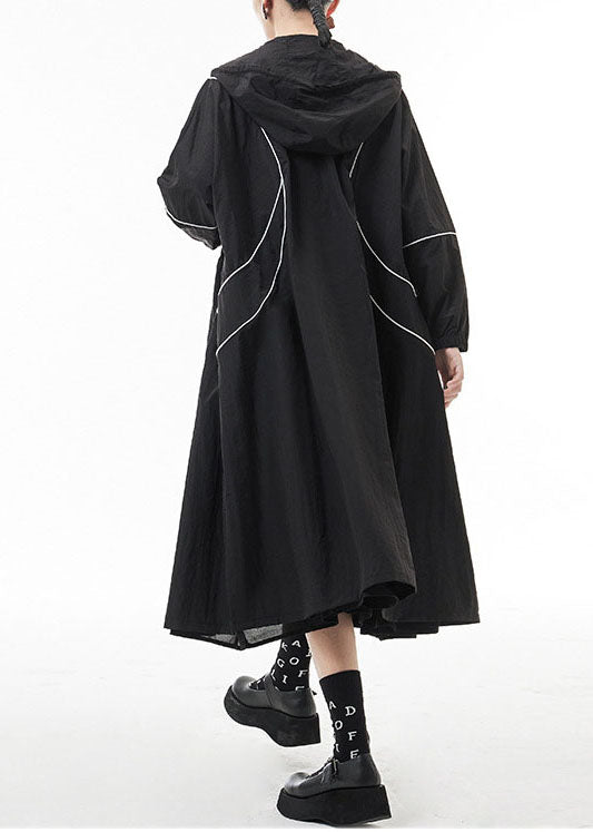 WW | Schwarze mit Reißverschluss und Kordelzug Kapuzen-Trenchcoats