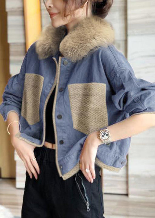 WW | Blue Fur Collar Button Patchwork Cotton Coats Winter