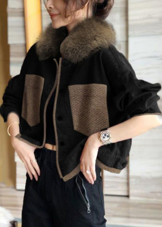 WW | Blue Fur Collar Button Patchwork Cotton Coats Winter