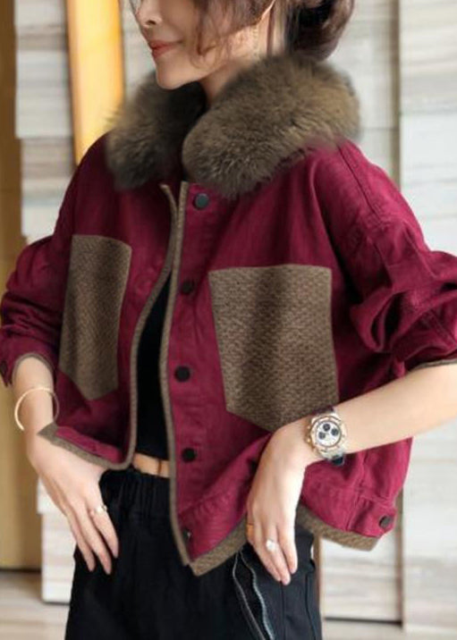 WW | Blue Fur Collar Button Patchwork Cotton Coats Winter
