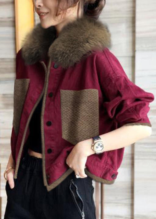 WW | Blue Fur Collar Button Patchwork Cotton Coats Winter
