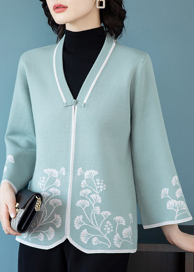WW | Blue V-Neck Button Print Patchwork Cardigans