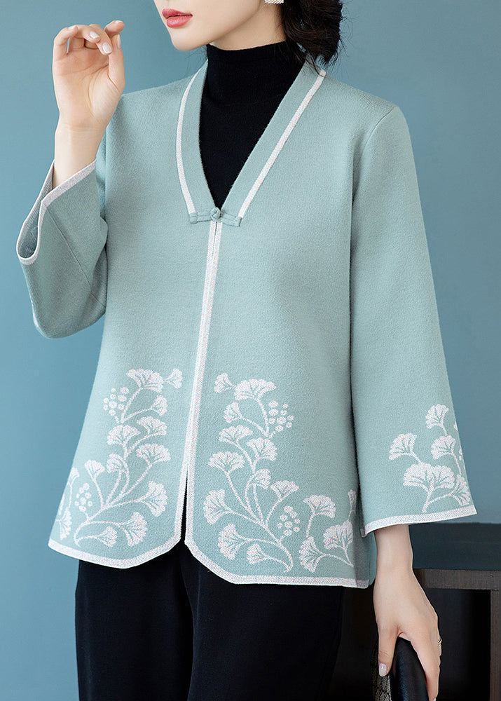 WW | Blue V-Neck Button Print Patchwork Cardigans