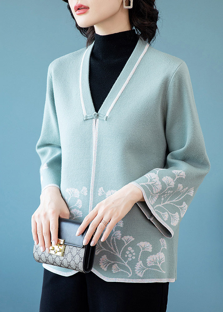 WW | Blue V-Neck Button Print Patchwork Cardigans