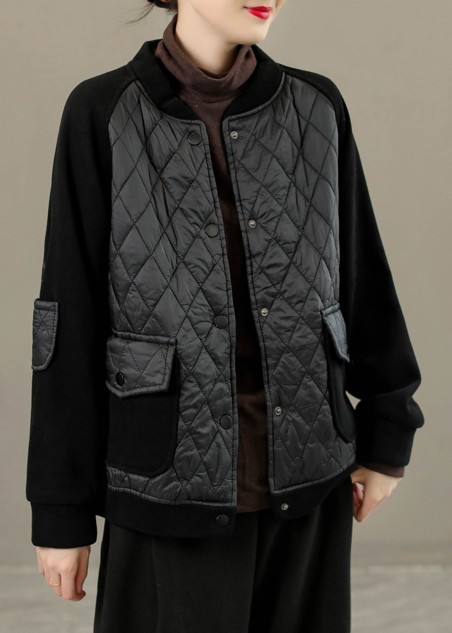 WW | Coffee O-Neck Patchwork Button Thick Coats Long Sleeves