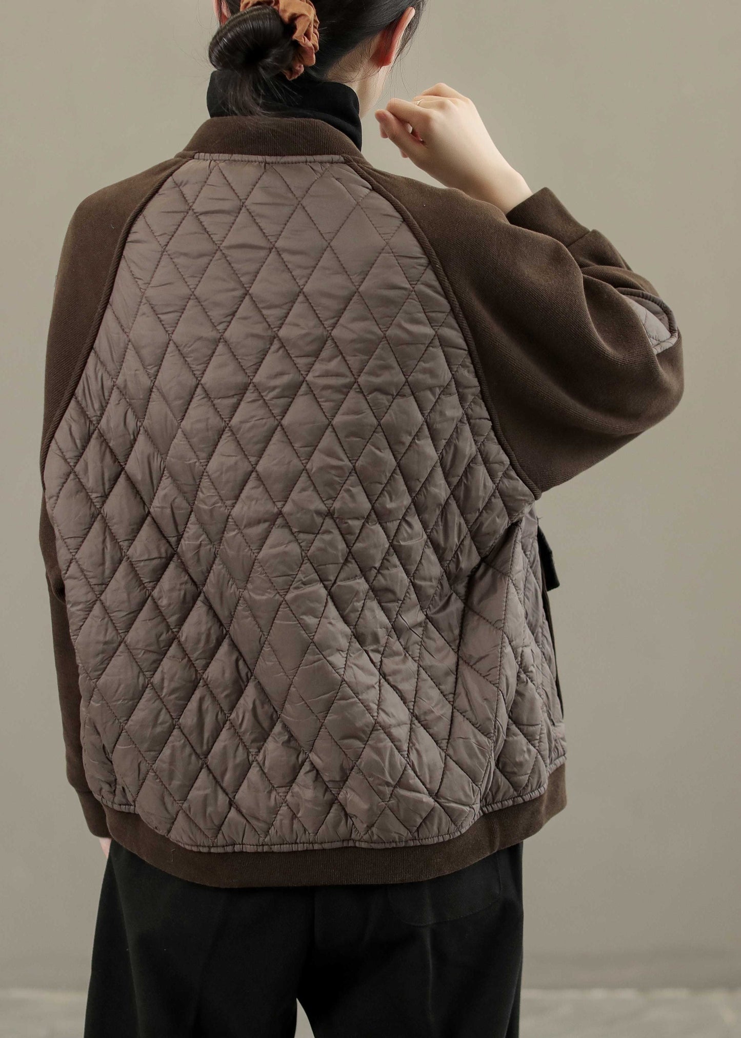 WW | Coffee O-Neck Patchwork Button Thick Coats Long Sleeves