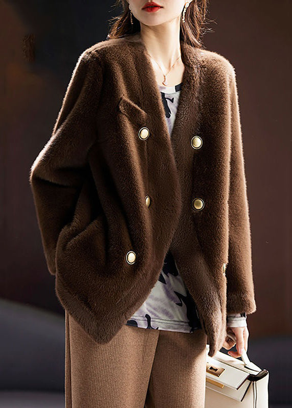 WW | Coffee V-Neck Button Leather and Fur Coats Long Sleeve