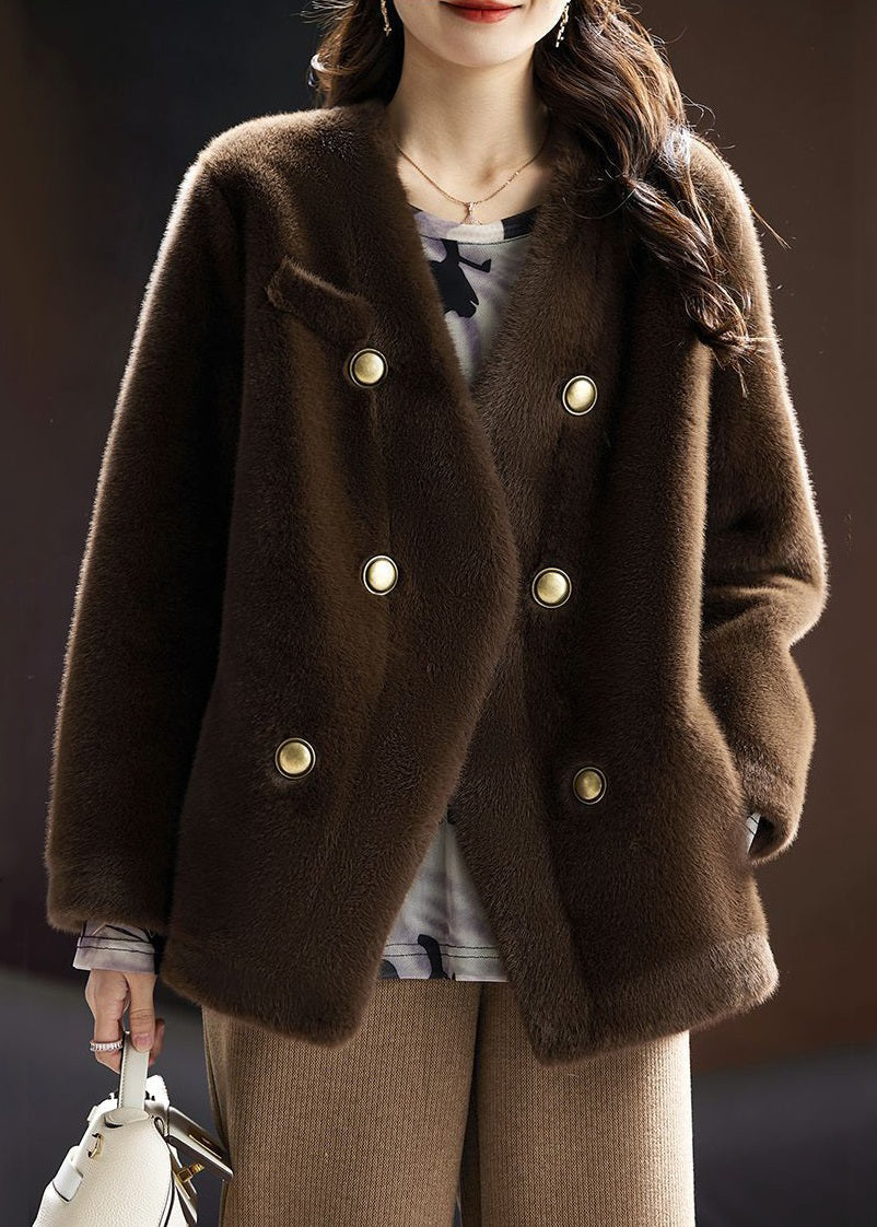 WW | Coffee V-Neck Button Leather and Fur Coats Long Sleeve