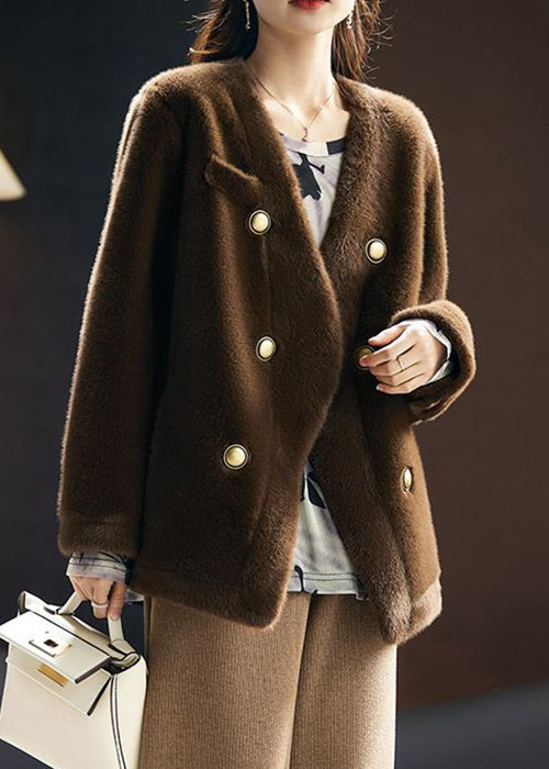 WW | Coffee V-Neck Button Leather and Fur Coats Long Sleeve