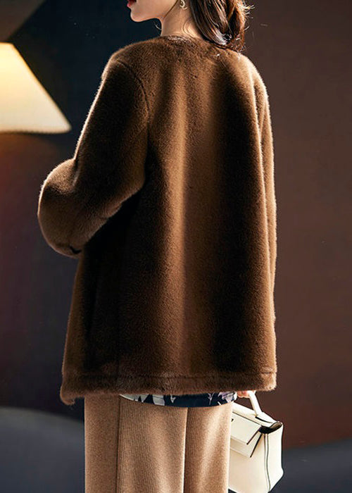 WW | Coffee V-Neck Button Leather and Fur Coats Long Sleeve