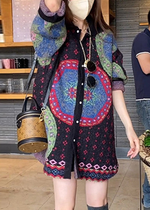 WW | Color Block Button Patchwork Cotton Knit Coats Long Sleeve