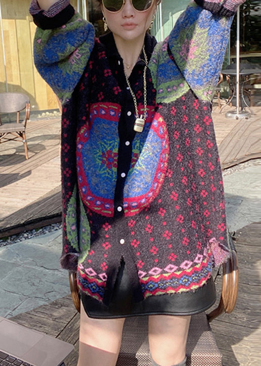 WW | Color Block Button Patchwork Cotton Knit Coats Long Sleeve
