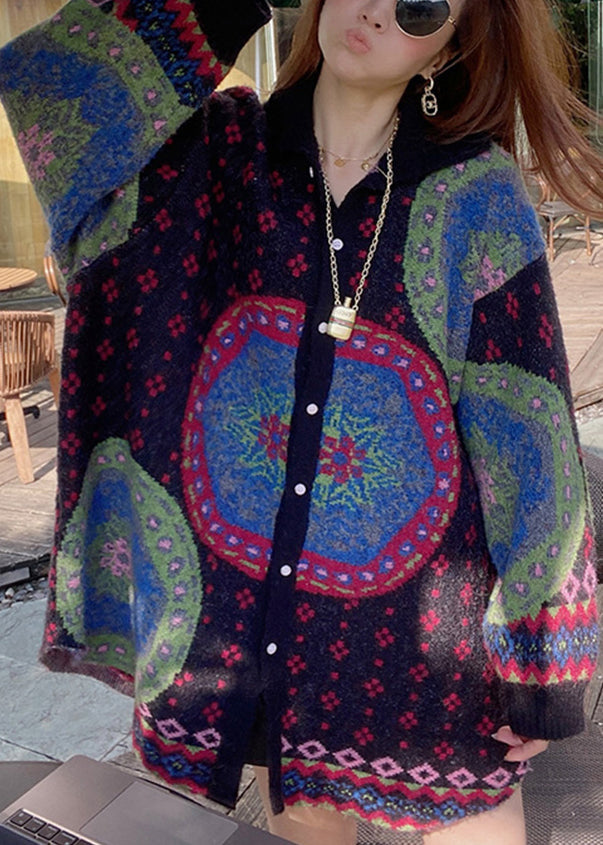 WW | Color Block Button Patchwork Cotton Knit Coats Long Sleeve
