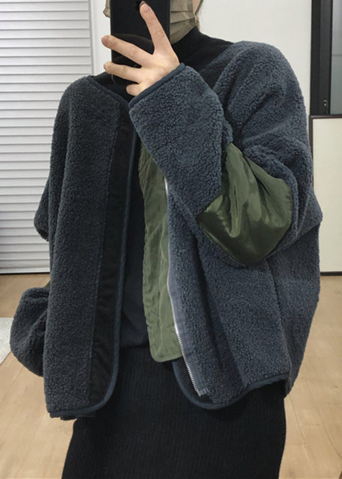 WW | Dark Grey Zipper Patchwork Teddy Faux Fur Coats Winter