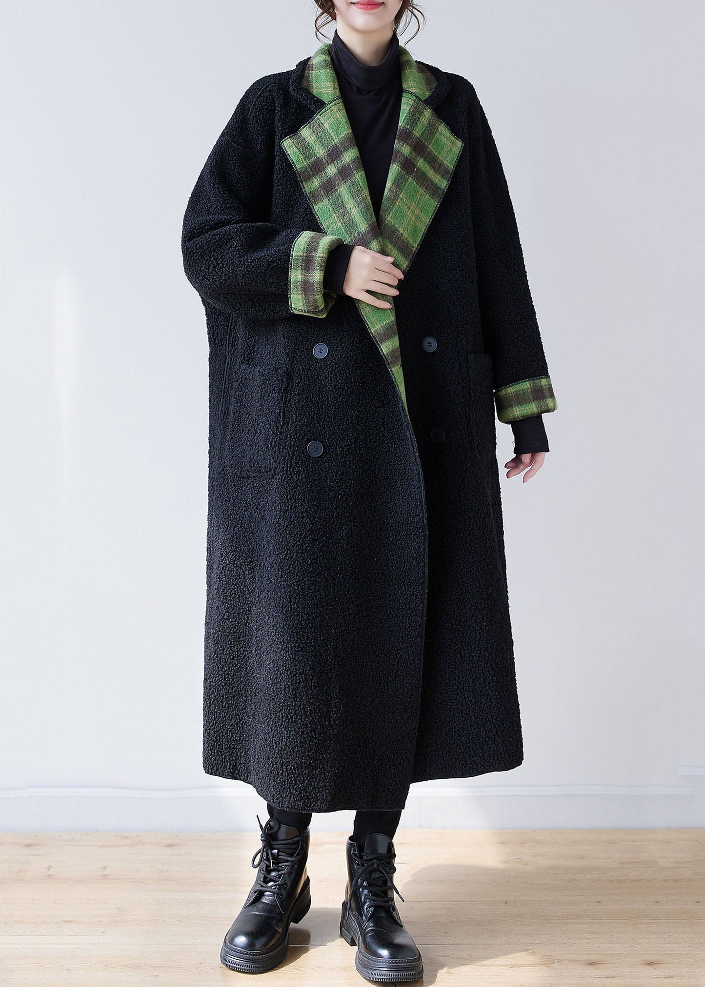 WW | Green Plaid Notched Wearable On Both Sides Warmer Fleece Faux Fur Trench Coats Long Sleeve