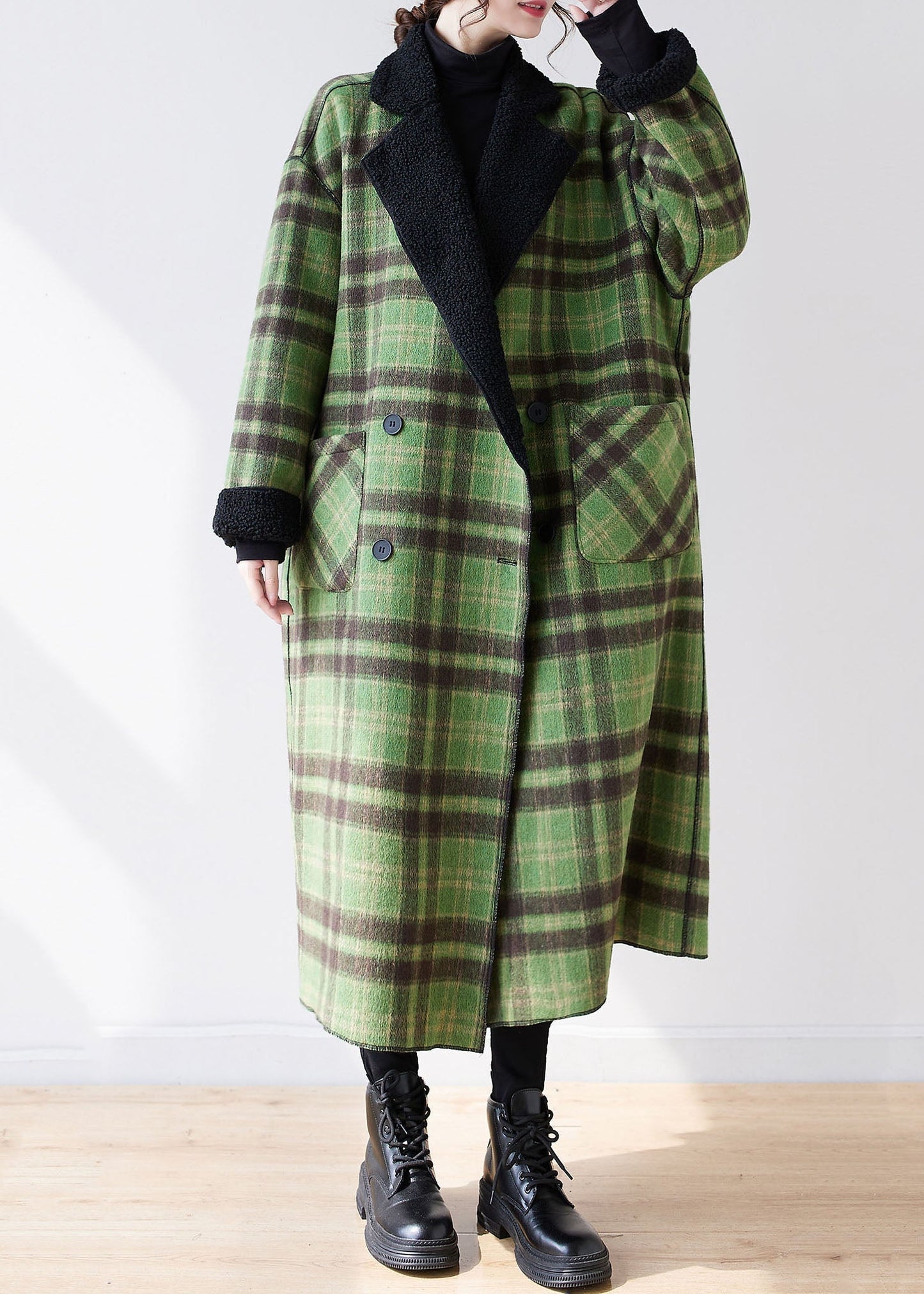 WW | Green Plaid Notched Wearable On Both Sides Warmer Fleece Faux Fur Trench Coats Long Sleeve