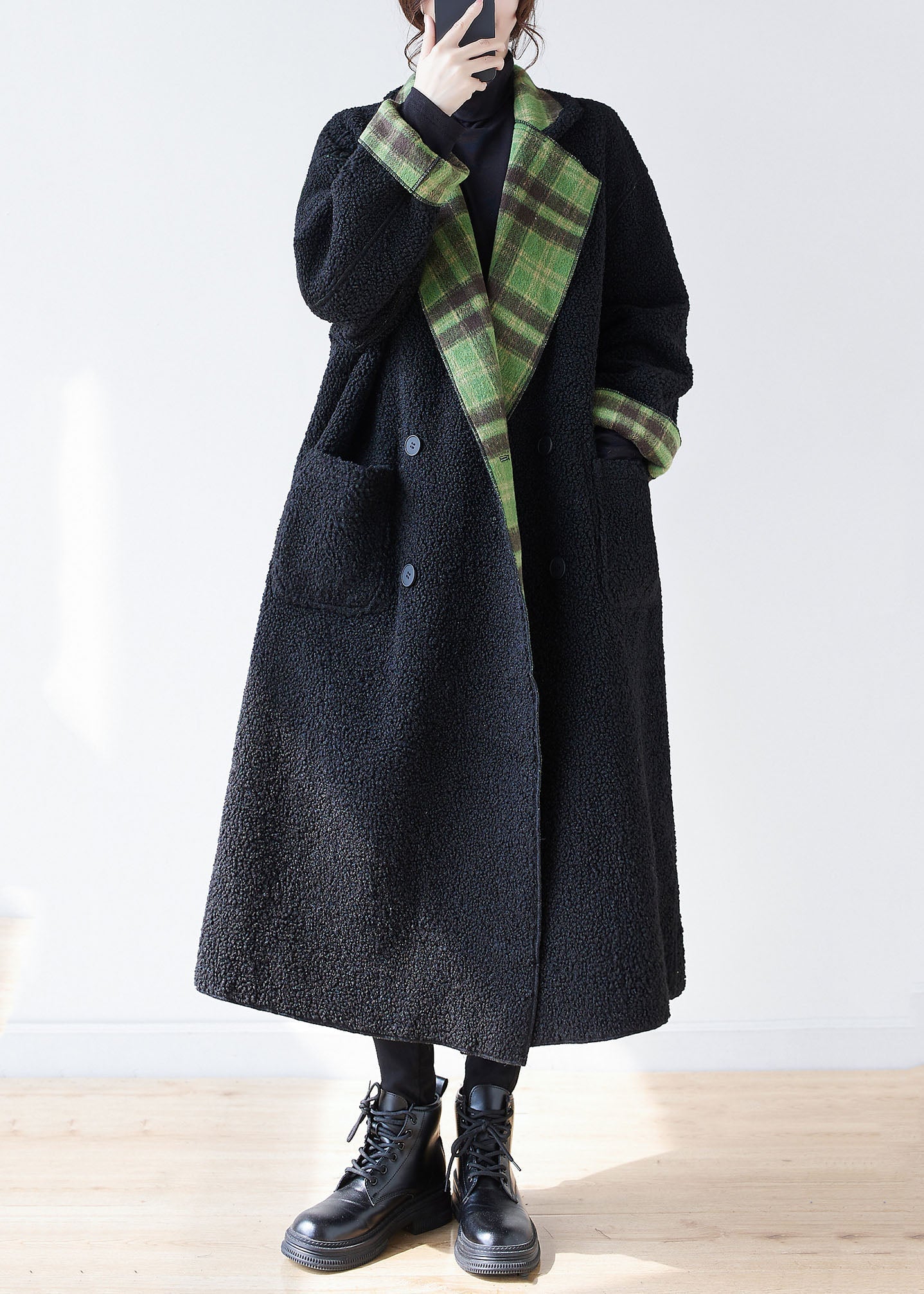 WW | Green Plaid Notched Wearable On Both Sides Warmer Fleece Faux Fur Trench Coats Long Sleeve
