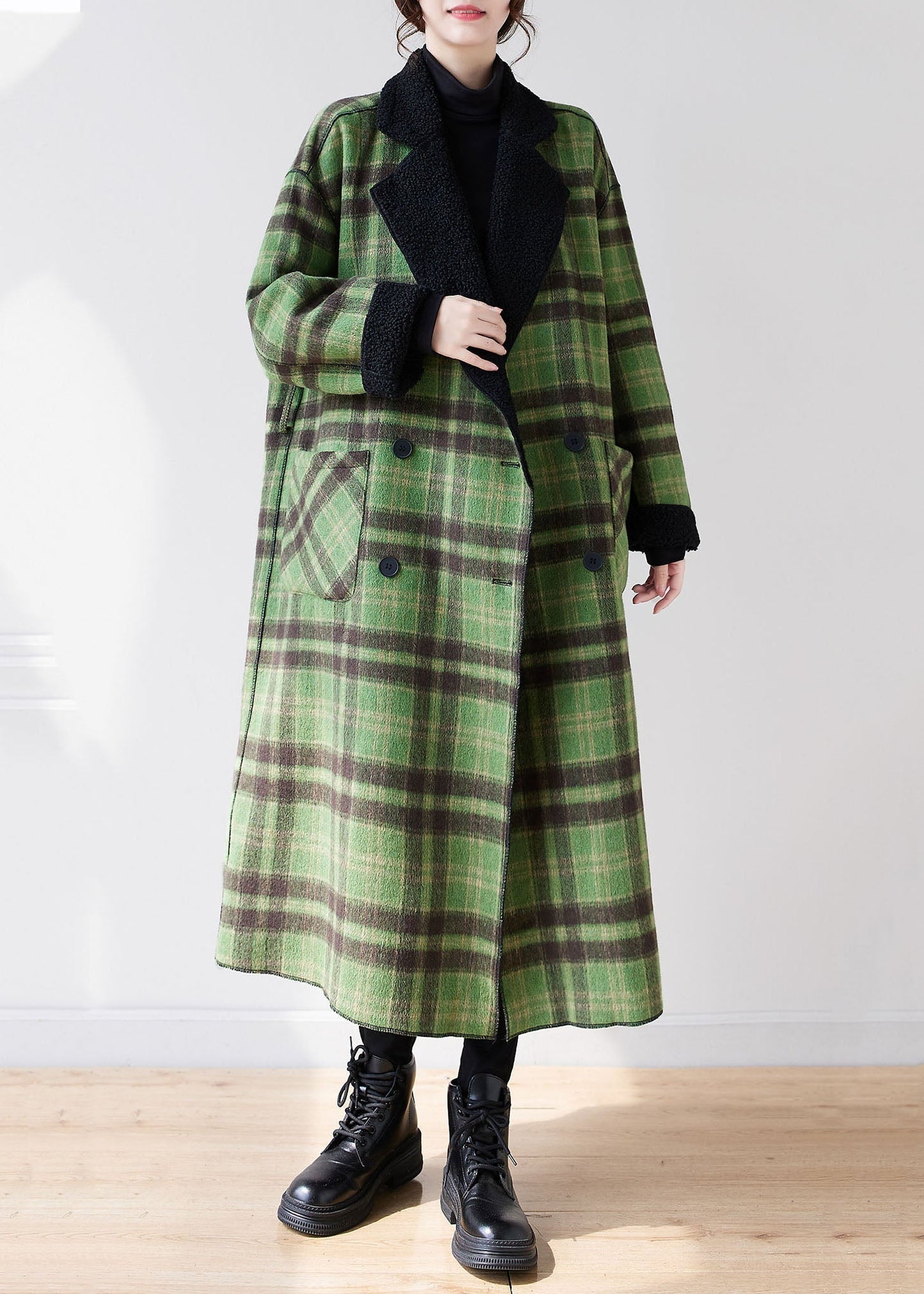 WW | Green Plaid Notched Wearable On Both Sides Warmer Fleece Faux Fur Trench Coats Long Sleeve