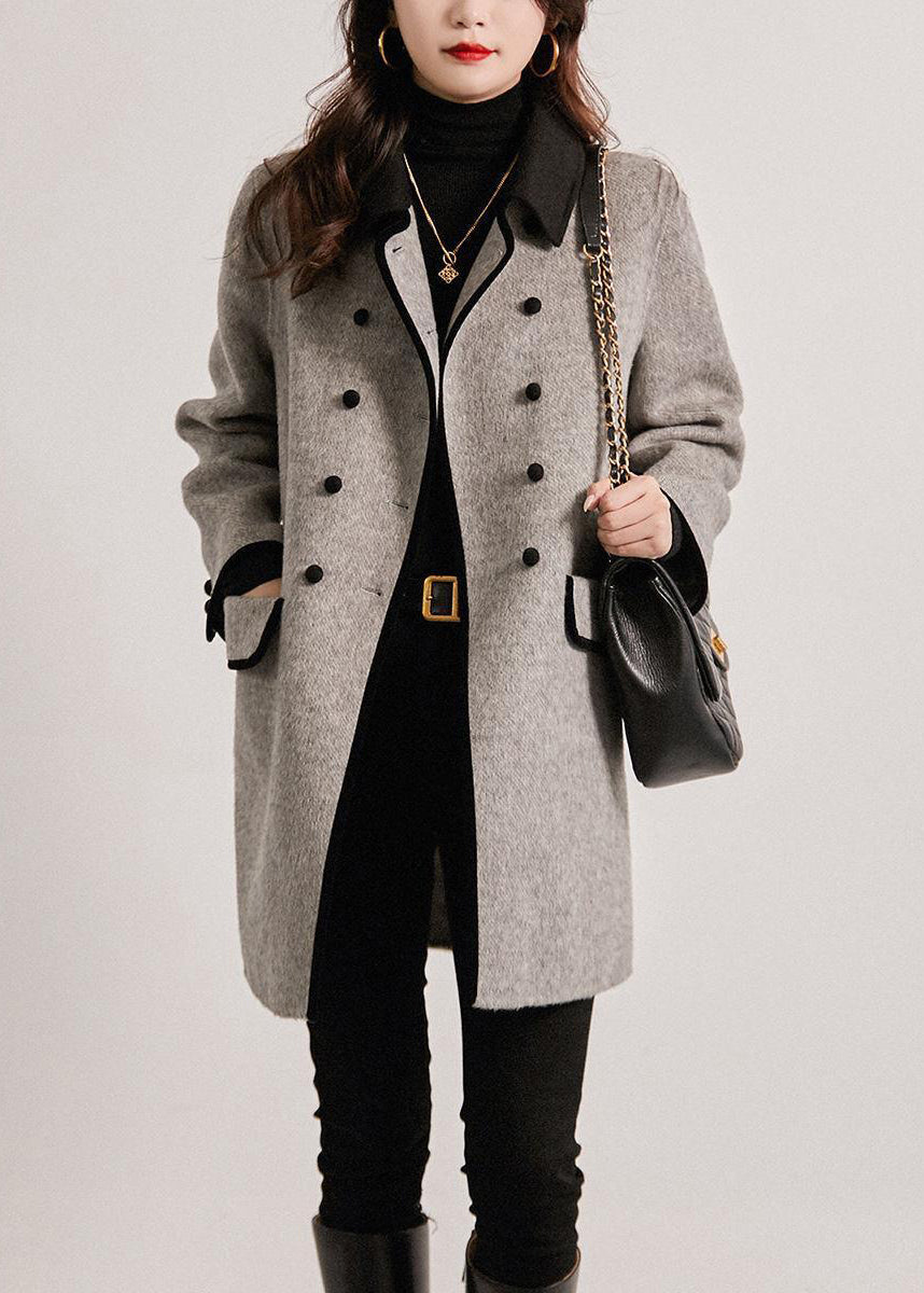 Monique™ - Französischer Grauer Doppelbrust-Patchwork-Trench aus Wolle Herbst