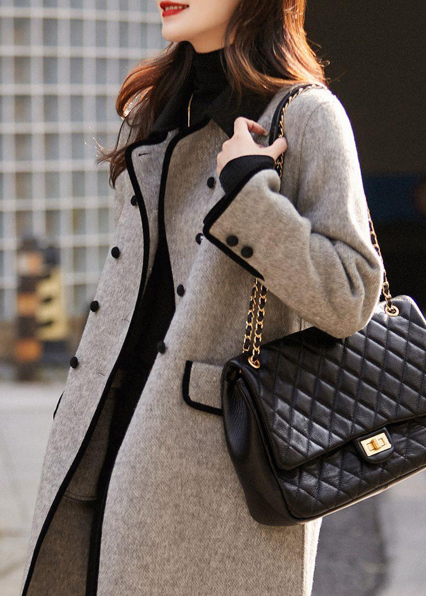 Monique™ - Französischer Grauer Doppelbrust-Patchwork-Trench aus Wolle Herbst