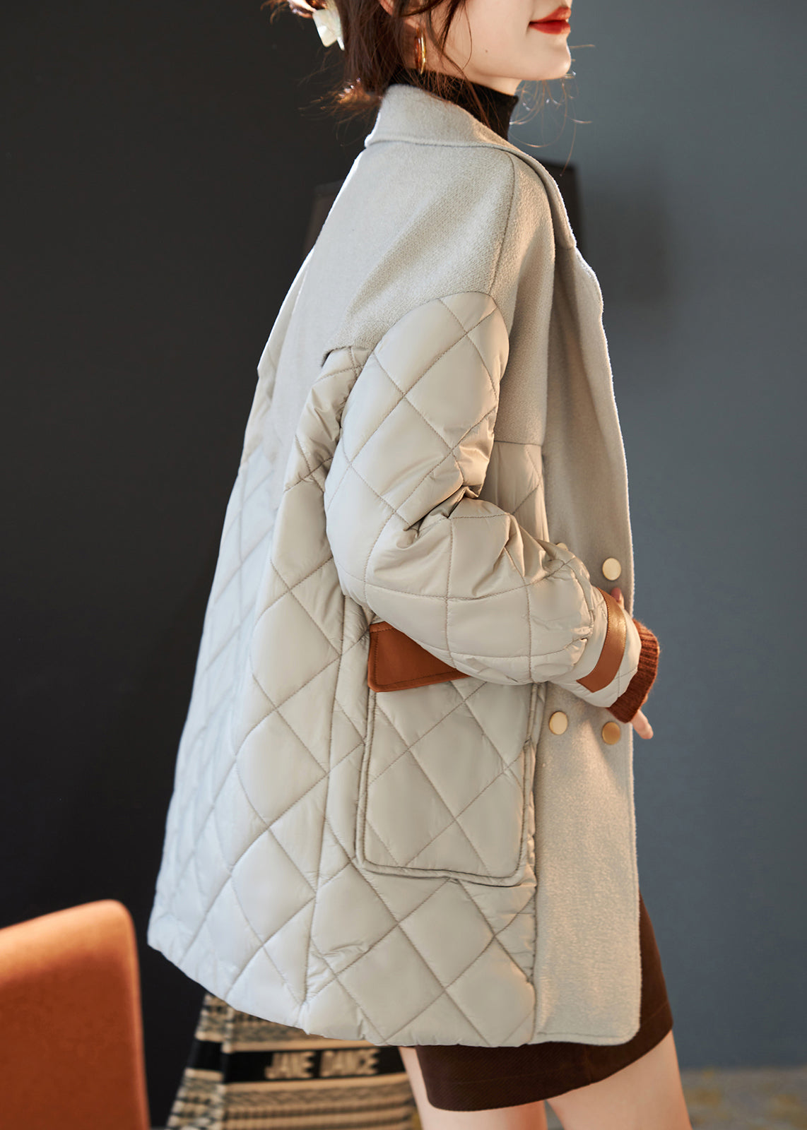 WW | Gray Notched Patchwork Cotton Padded Wool Coats Winter