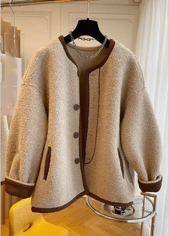WW | Khaki O-Hals Patchwork Knopf Kunstpelz Mäntel Winter