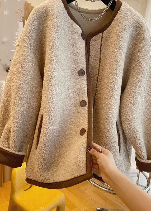 WW | Khaki O-Hals Patchwork Knopf Kunstpelz Mäntel Winter