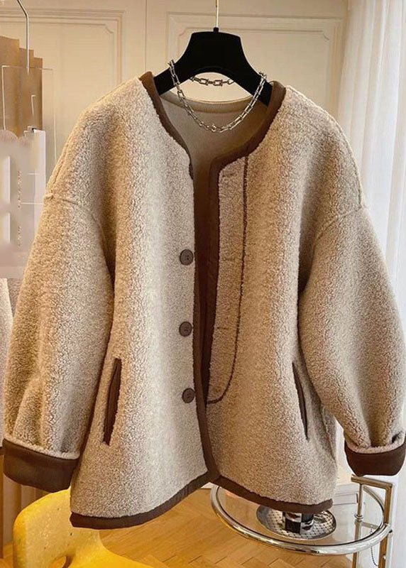 WW | Khaki O-Neck Patchwork Button Faux Fur Coats Winter