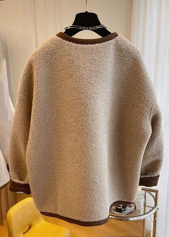 WW | Khaki O-Hals Patchwork Knopf Kunstpelz Mäntel Winter