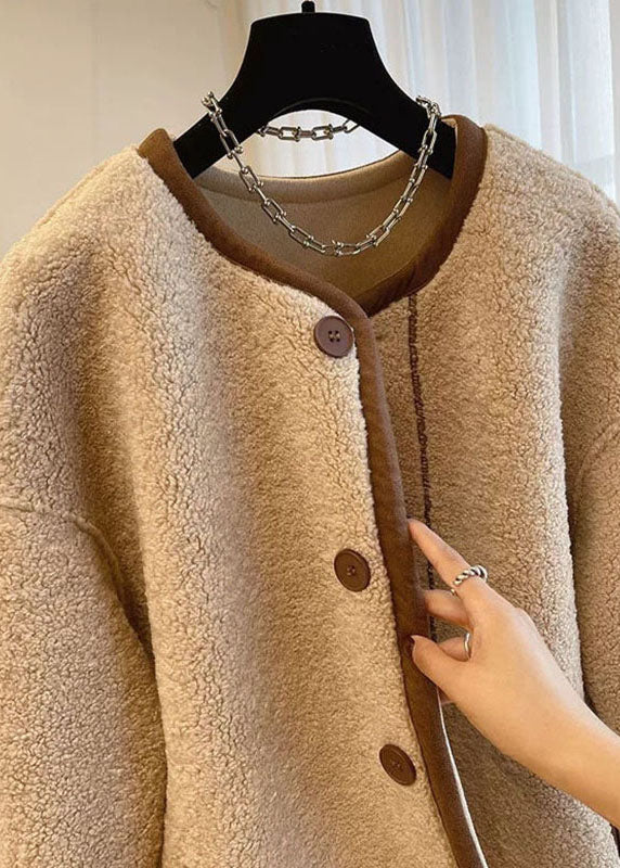 WW | Khaki O-Hals Patchwork Knopf Kunstpelz Mäntel Winter