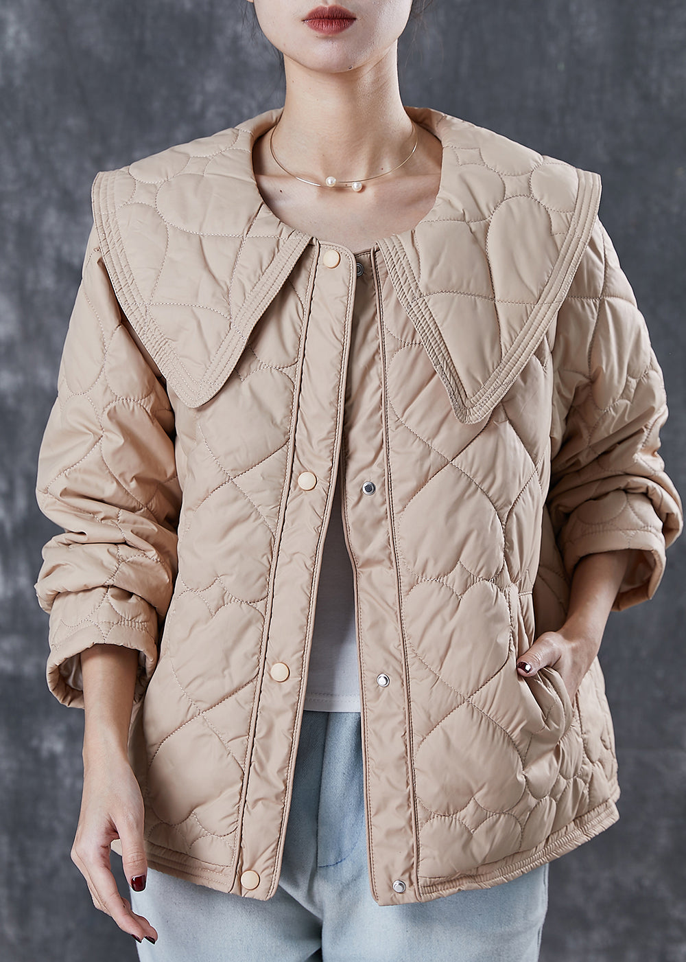 WW | Khaki Peter Pan Collar Pockets Fine Cotton Padded Coats