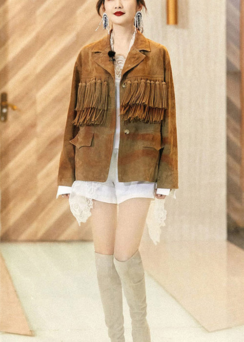 WW | Khaki Tassel Button Patchwork Faux Suede Coats