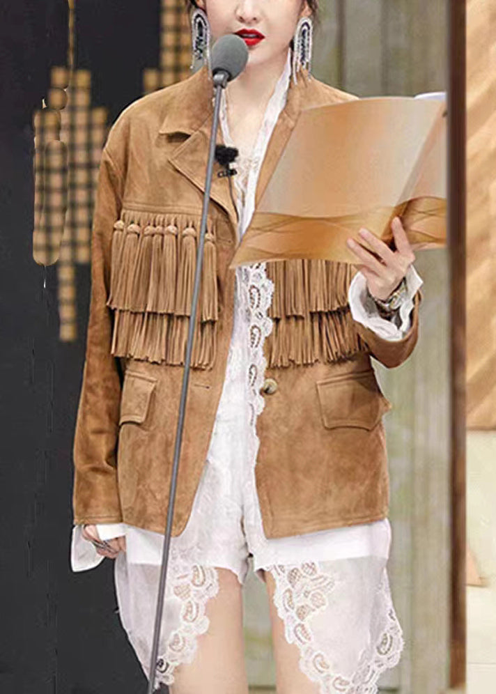 WW | Khaki Tassel Button Patchwork Faux Suede Coats