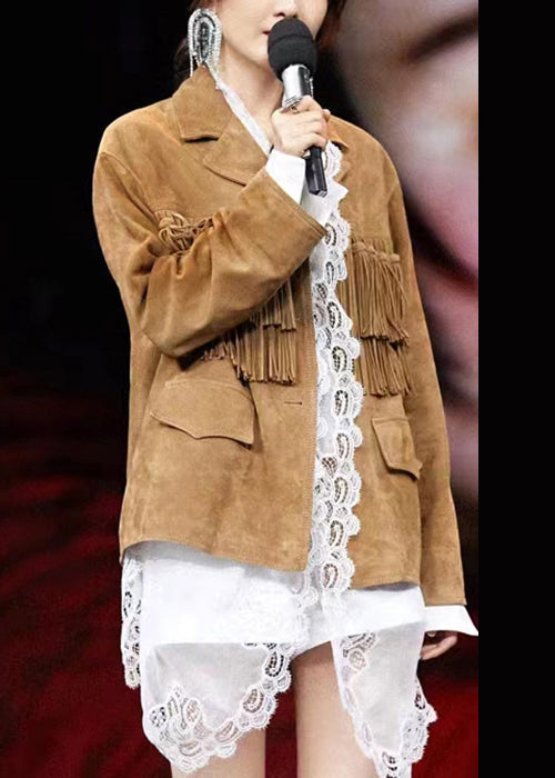 WW | Khaki Tassel Button Patchwork Faux Suede Coats