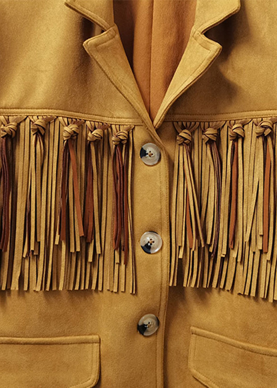 WW | Khaki Tassel Button Patchwork Faux Suede Coats