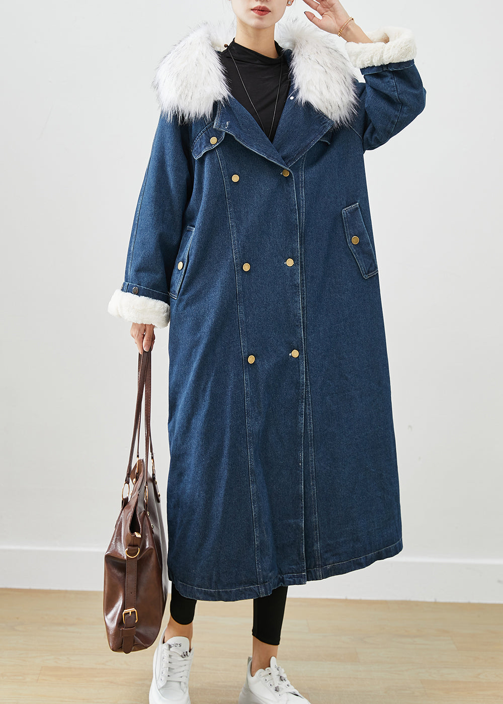 WW | Navy Fur Collar Thick Warm Fleece Denim Coats