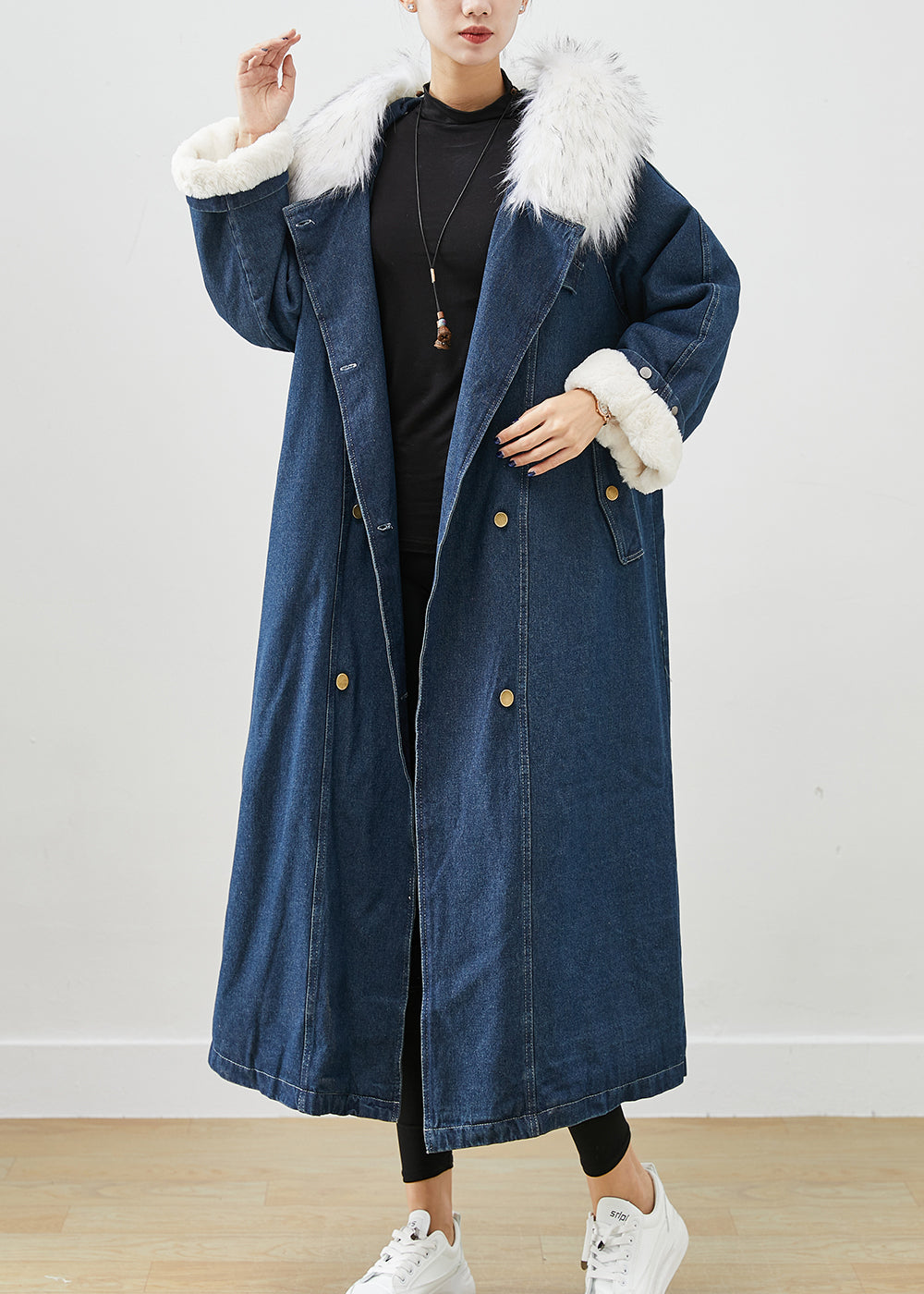 WW | Navy Fur Collar Thick Warm Fleece Denim Coats