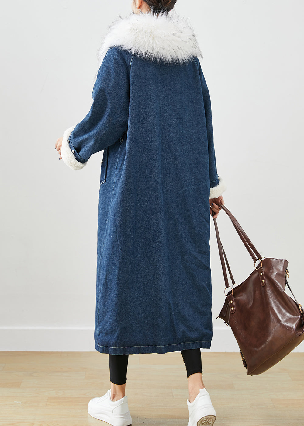 WW | Marineblauer Pelzkragen Dick Warmer Fleece Denim Mäntel