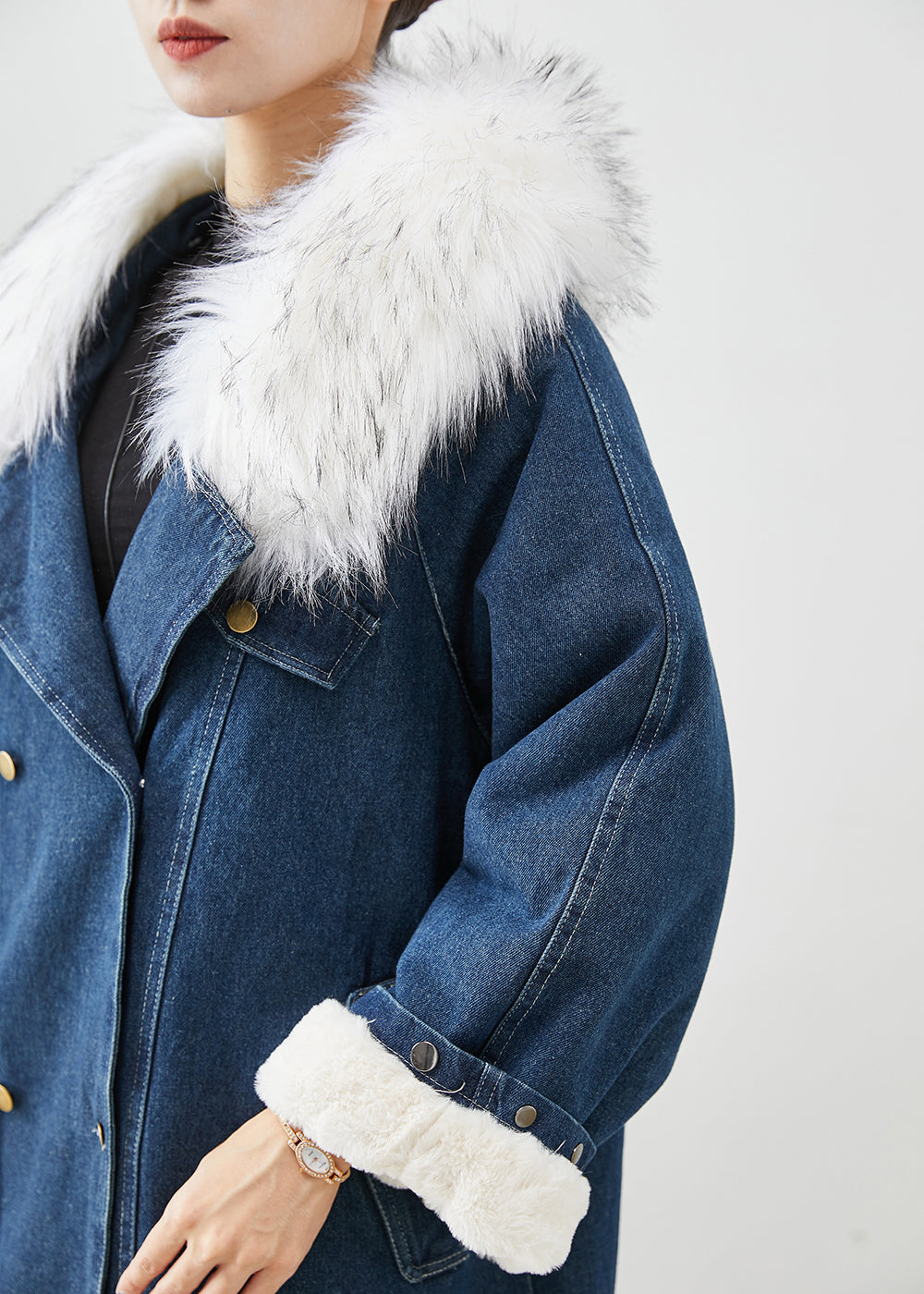 WW | Navy Fur Collar Thick Warm Fleece Denim Coats