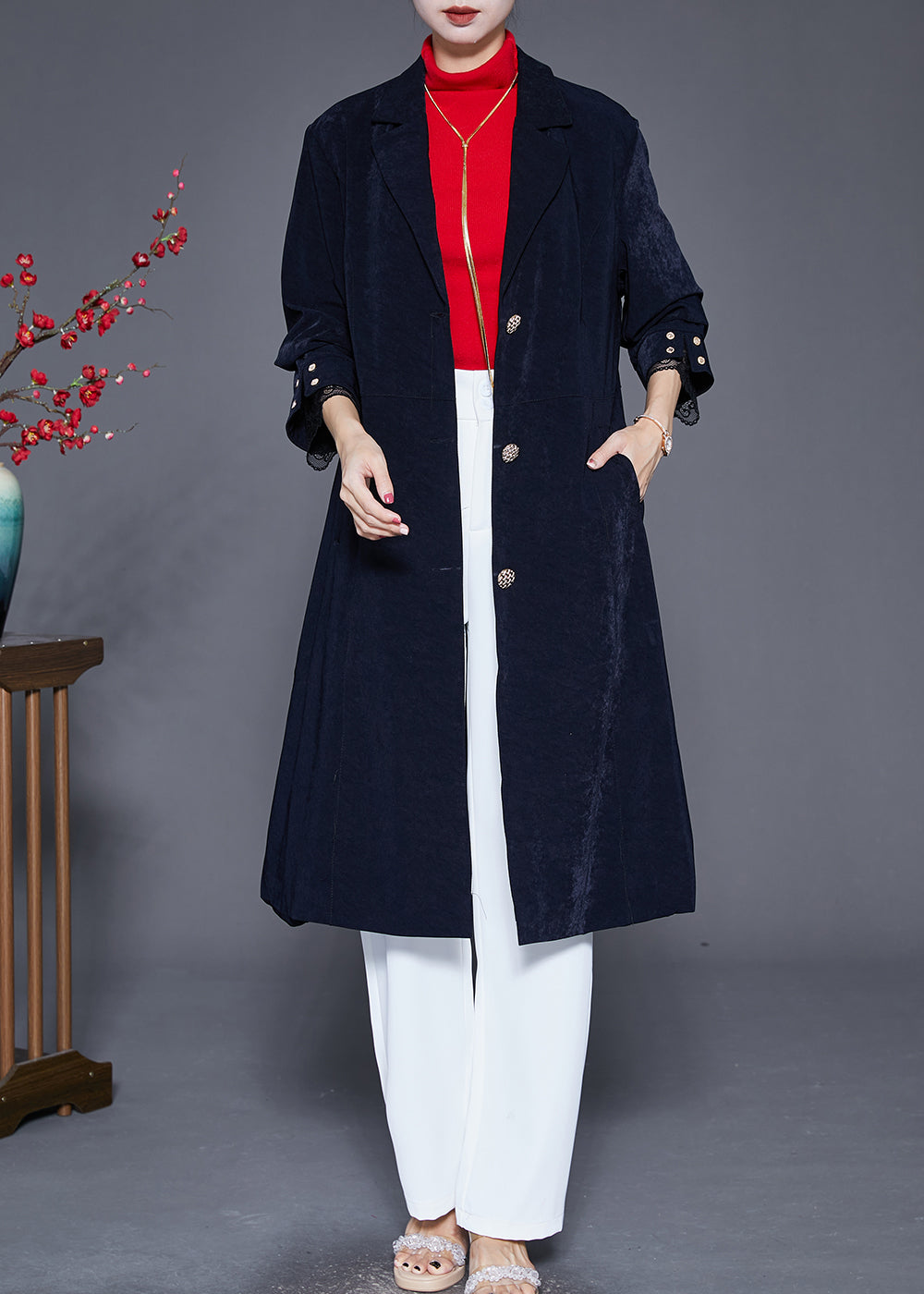 WW | Navy Lapel Single Breasted Slim Fit Trench Coats