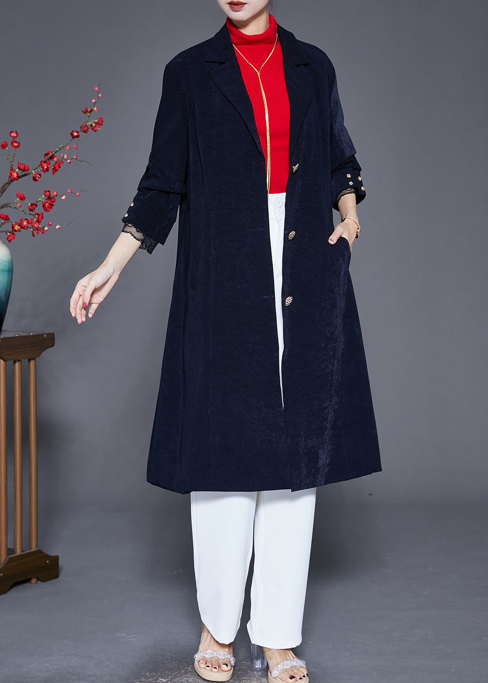WW | Navy Lapel Single Breasted Slim Fit Trench Coats