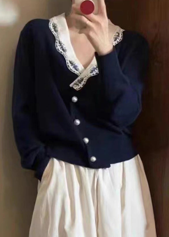 WW | Navy Blue V-Neck Button Patchwork Knitted Cardigans Long Sleeve