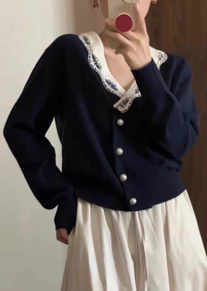 WW | Navy Blue V-Neck Button Patchwork Knitted Cardigans Long Sleeve