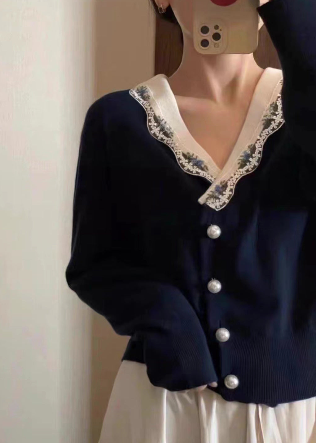 WW | Navy Blue V-Neck Button Patchwork Knitted Cardigans Long Sleeve